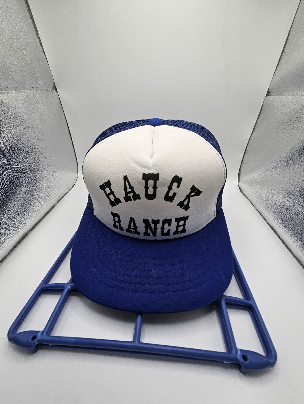 Vintage Hauck Ranch Blue White Mesh Trucker Snapback Hat